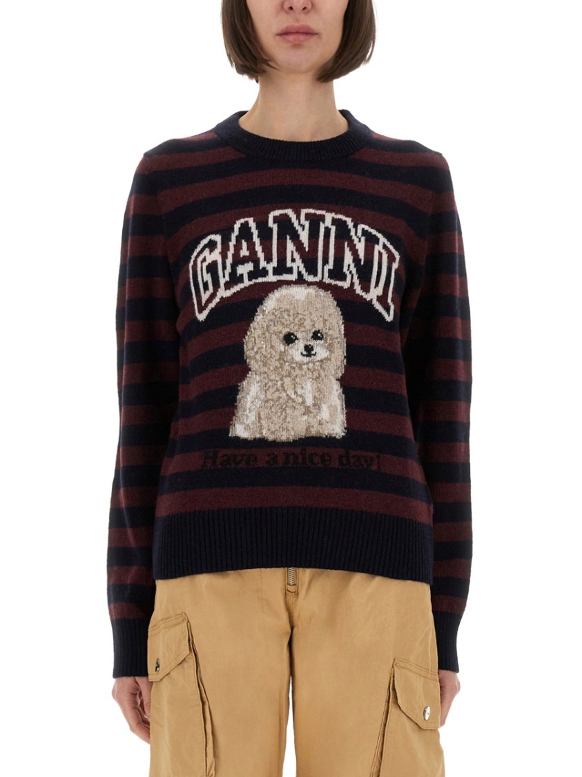 Ganni Multicolor Graphic Wool Mix Poodle Stripe Sweater In Multi