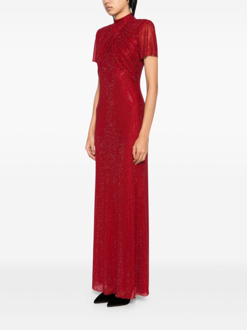 Self-portrait Red Rhinestone Mesh Maxi Dress In Red