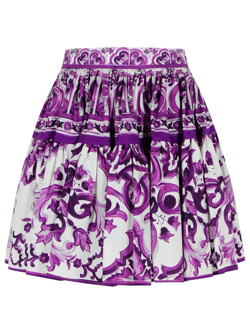 Dolce & Gabbana Short Skirt In Majolica Print Cotton Poplin In Purple
