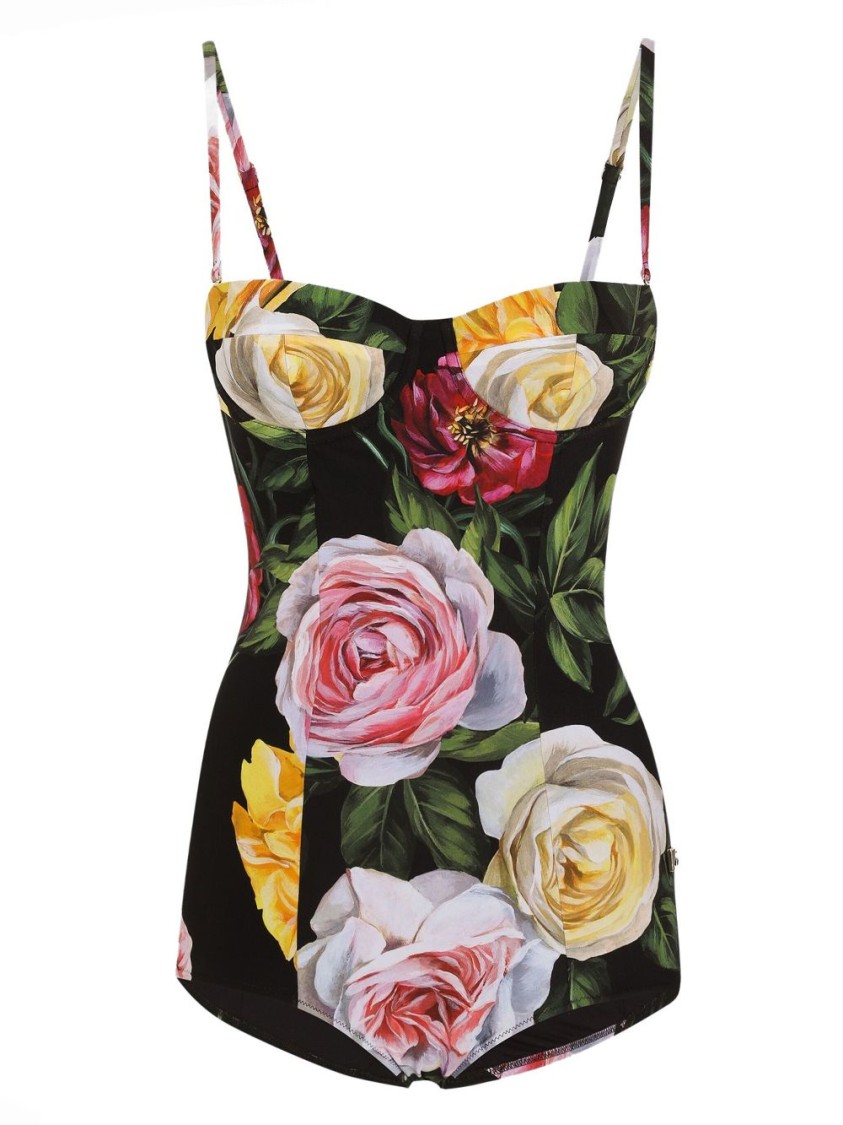 Dolce & Gabbana One-piece Swimsuit With Rose And Peony Print In Black