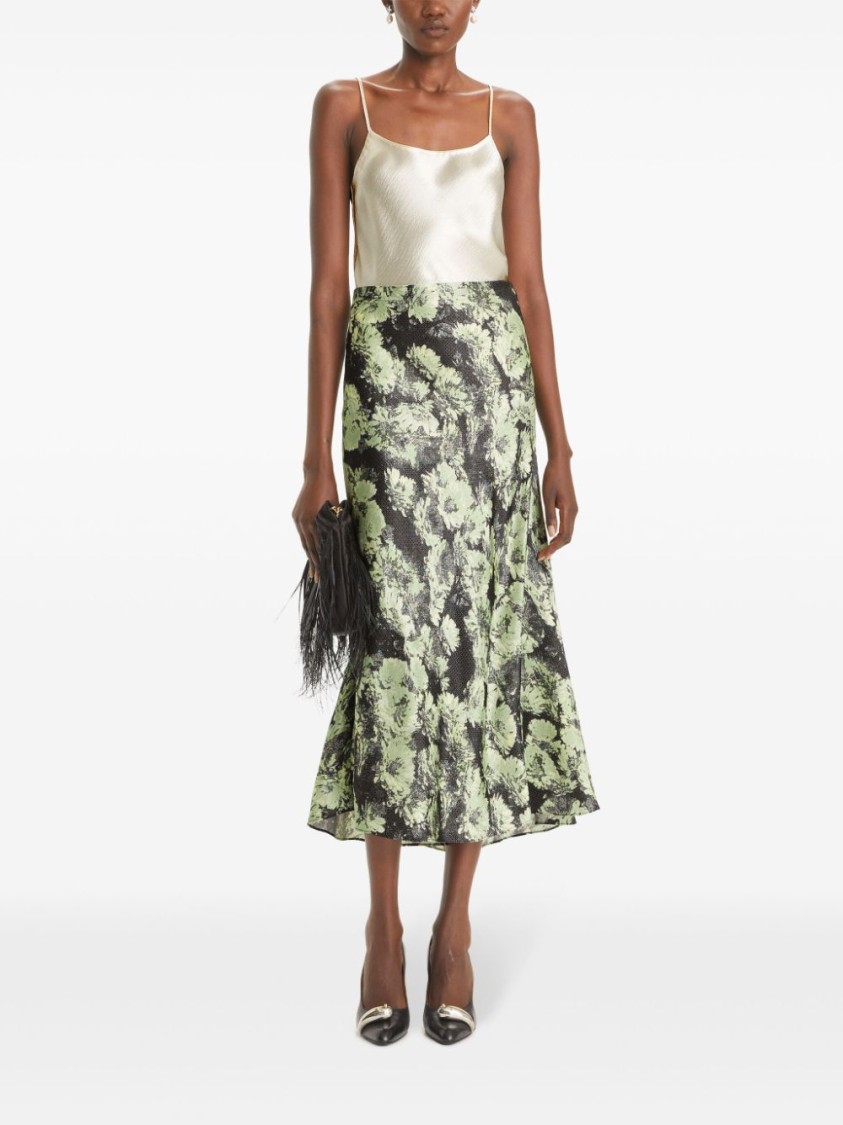 Tory Burch Floral Print Satin Midi Skirt In Green