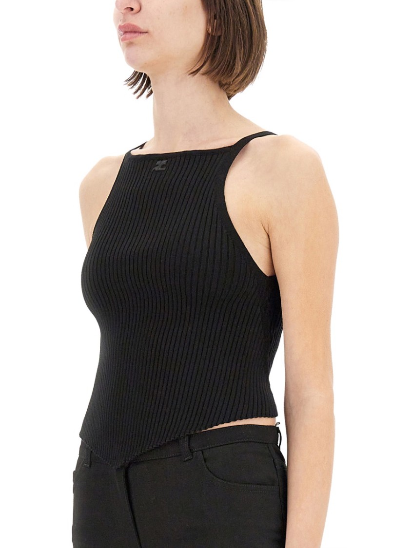 Shop Courrèges Fitted Ribbed Tank Top With High Neckline In Black