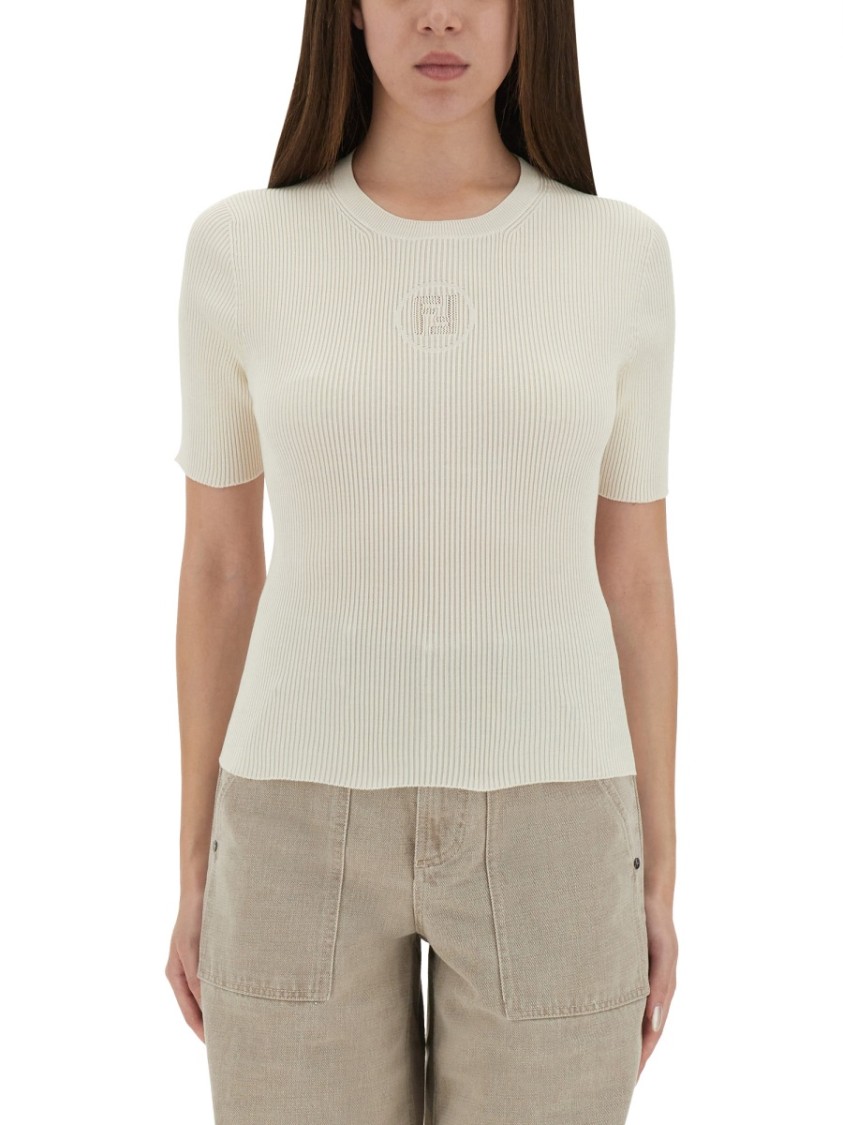 Fendi Ribbed Cotton T-shirt With Subtle Logo Detail In Gray