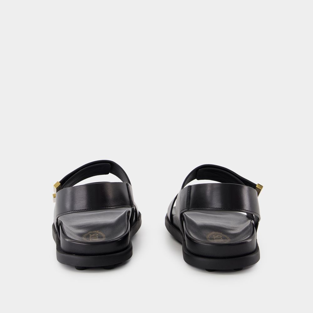 Shop Tod's Two Wide Straps Black Leather Sandals