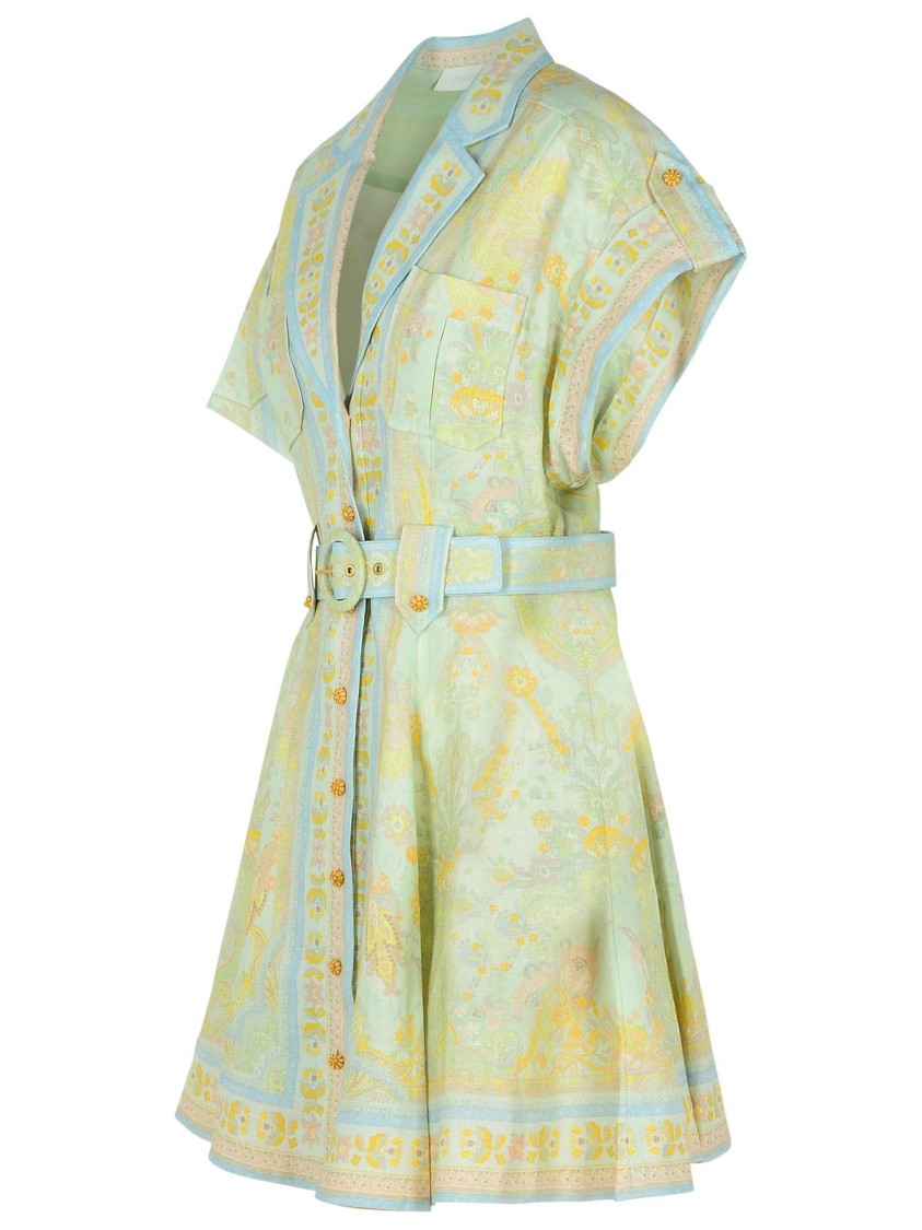 Zimmermann Acacia Belted Paisley-print Linen Mini Shirt Dress In Green