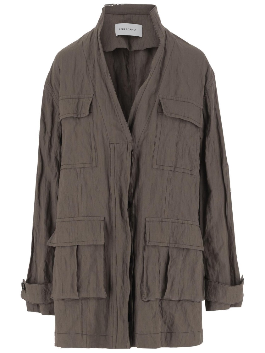 Ferragamo Brown Cotton Ruched Effect Jacket In Brown