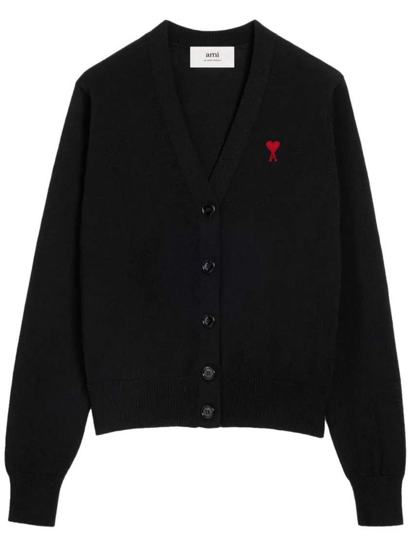 Ami Alexandre Mattiussi Ami V-neck Button-down Cardigan With Subtle Red Emblem In Black