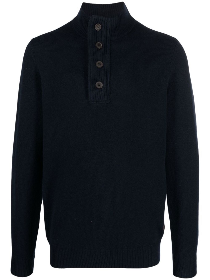 Barbour Navy Blue Wool Knit Sweater With Button Placket And Stand-up Collar In Black
