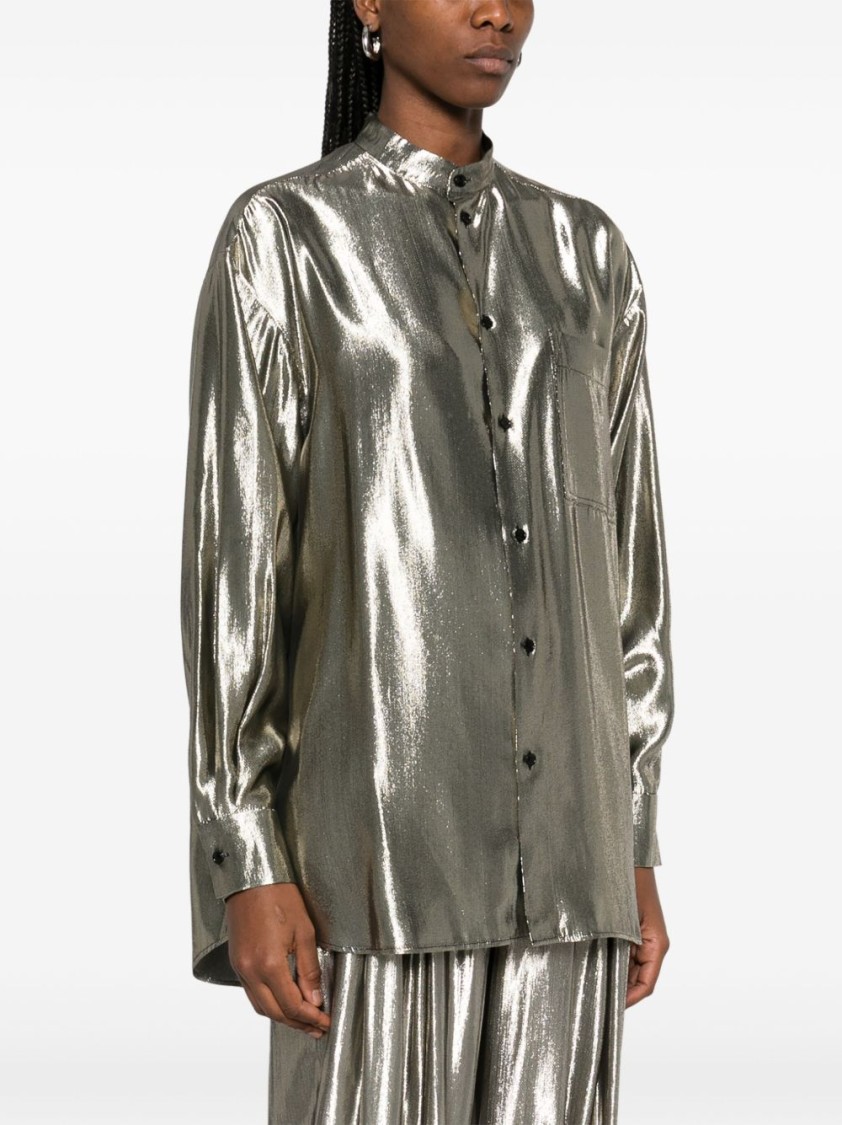 Shop Philosophy Di Lorenzo Serafini Silk-blend Green Shirt With Stand Collar