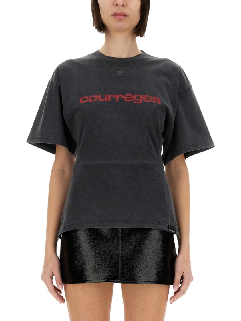 Shop Courrèges Fitted Black T-shirt With Vintage Print Design In Grey