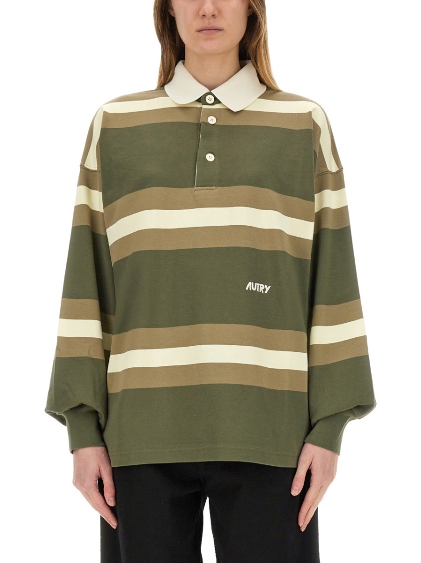 Autry Oversized Striped Polo In Earthy Tones In Green