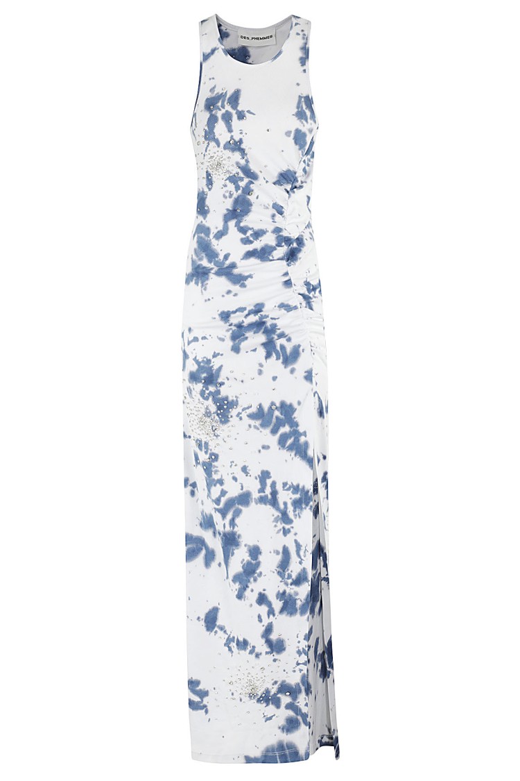 Des_phemmes Des Phemmes Cotton Rib Tie Dye Embroidred Dress In White
