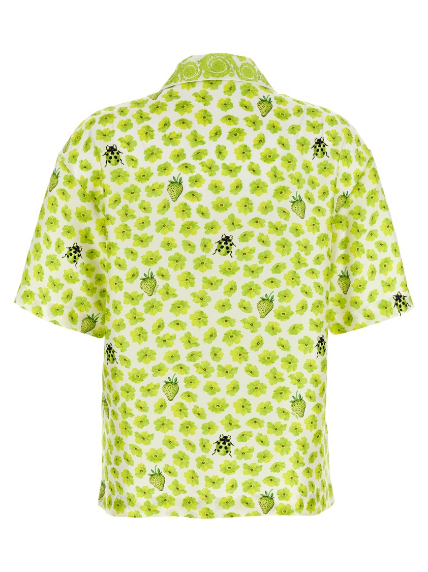 Versace Silk Twill Shirt With Strawberry Garden Print In Green
