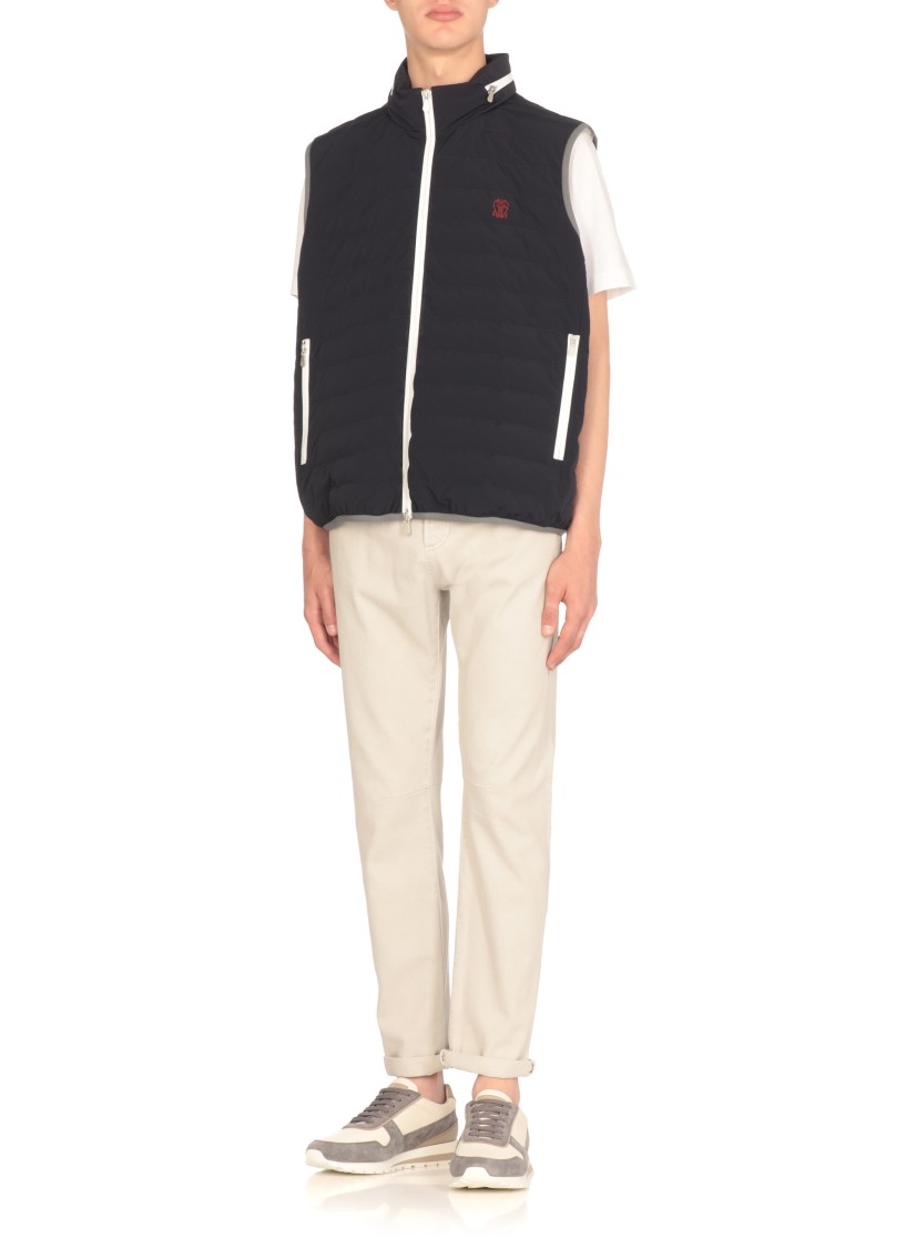 Brunello Cucinelli Men Sleeveless Nylon Down Jacket With Logo And Removable Hood