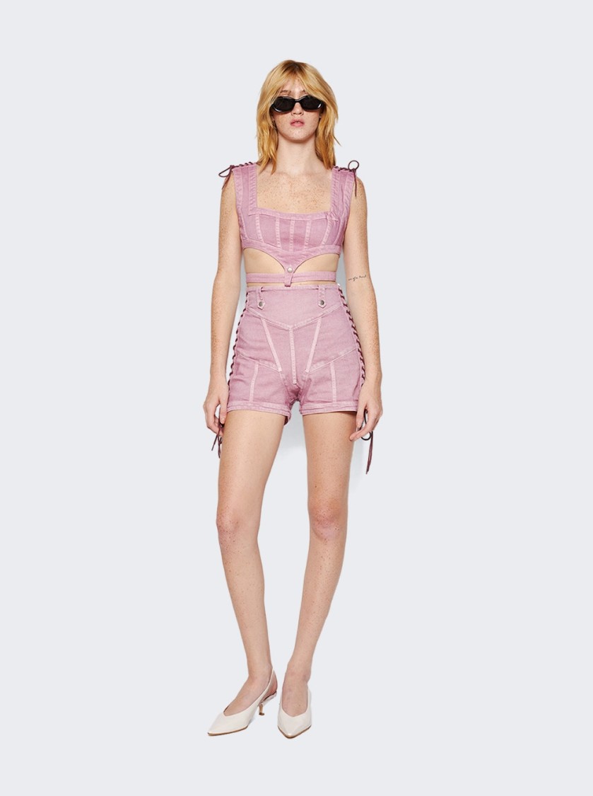 Shop Jean Paul Gaultier Washed Laced Mini Shorts