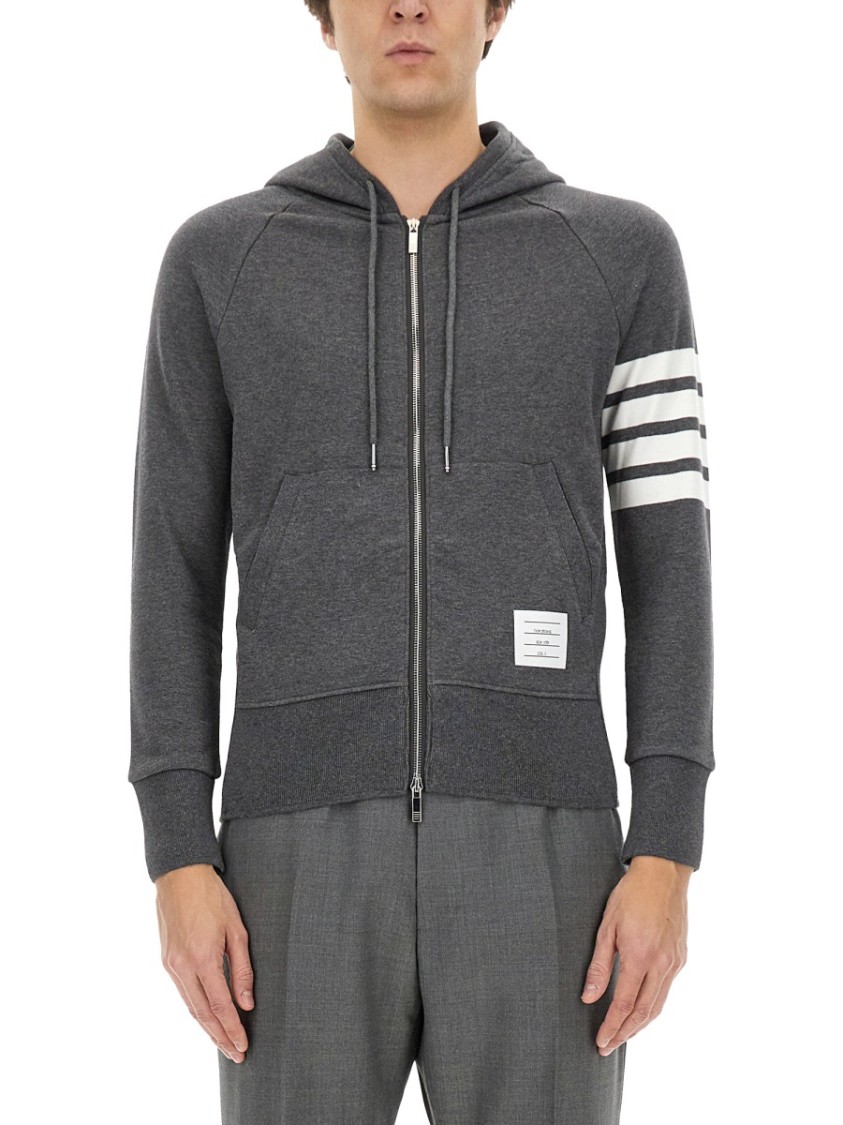 Shop Thom Browne Zip-up Hoodie With Striped Detail In Grey
