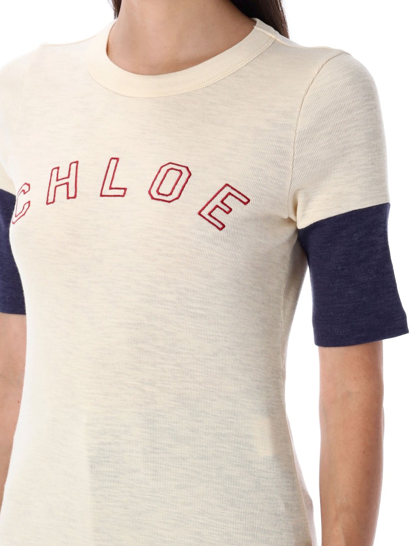Chloé Wool And Cotton T-shirt With Logo In Neutral