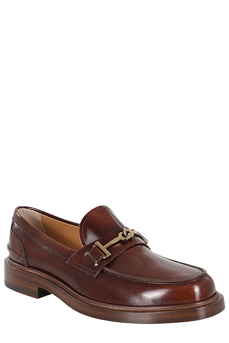 Shop Tod's Brushed Leather Loafer With Gold Buckle Detail In Brown