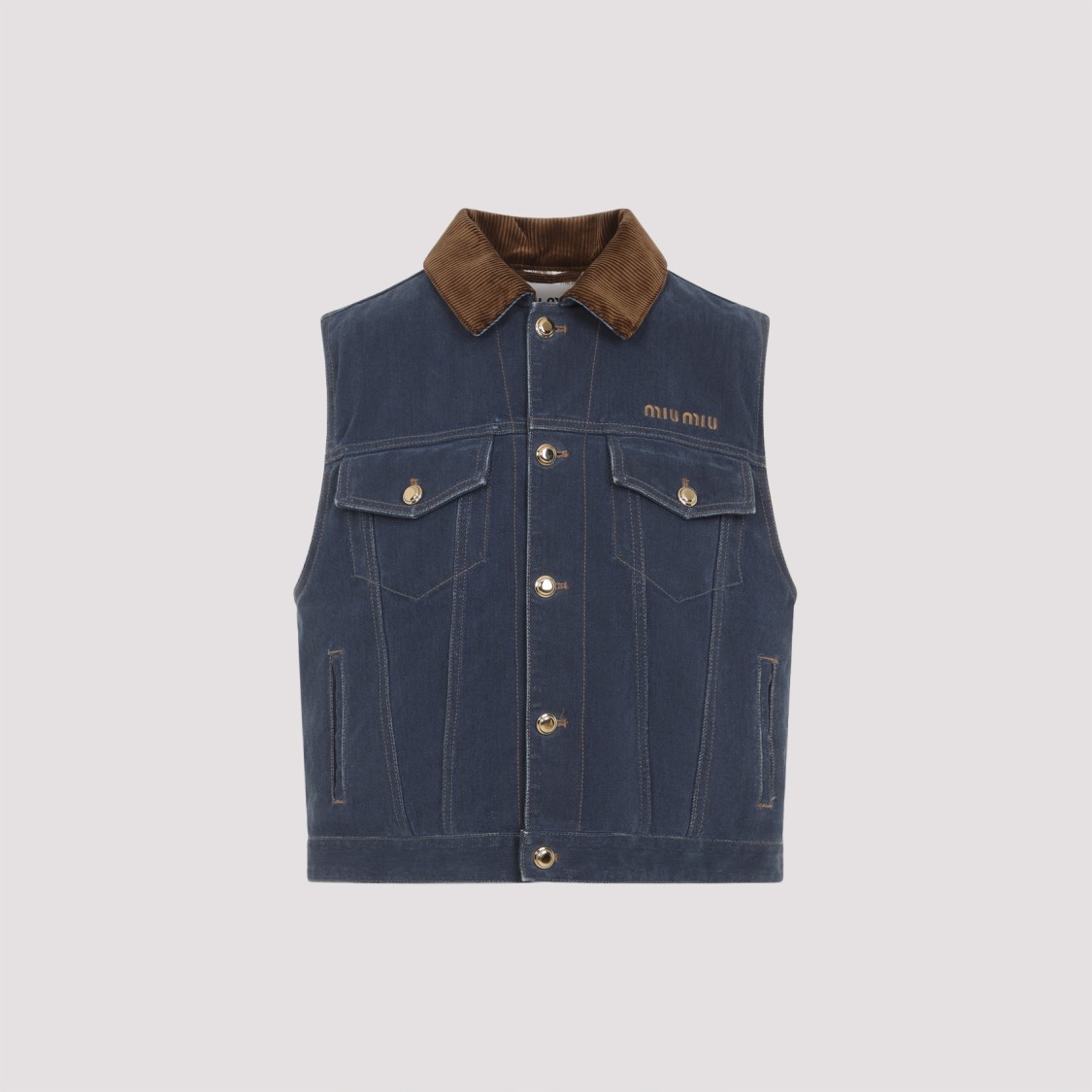 Miu Miu Tailored Denim Vest With Contrasting Corduroy Collar In Blue