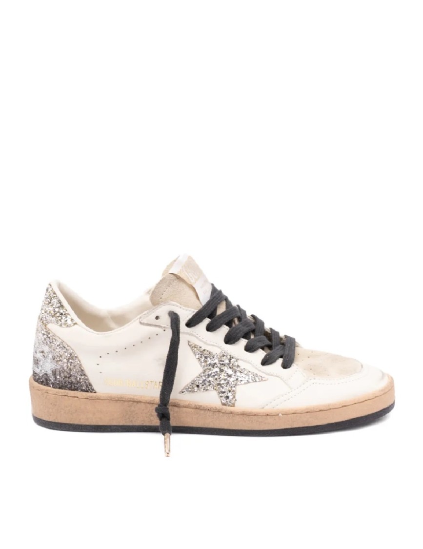 Golden Goose Ballstar White Low Top Sneakers With Glittered Star Patch On The Side And Glittered Heel With Logo L In White