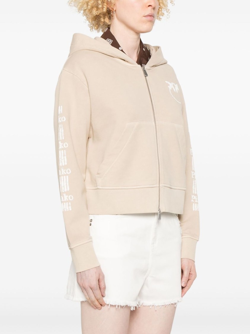 Shop Pinko Cropped Beige Sweatshirt With Printed Branding In Neutrals