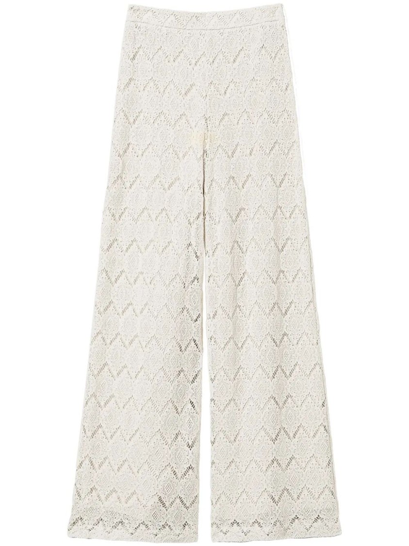 Twinset Twin-set Wide-leg Cotton Pants With Delicate Lace Pattern