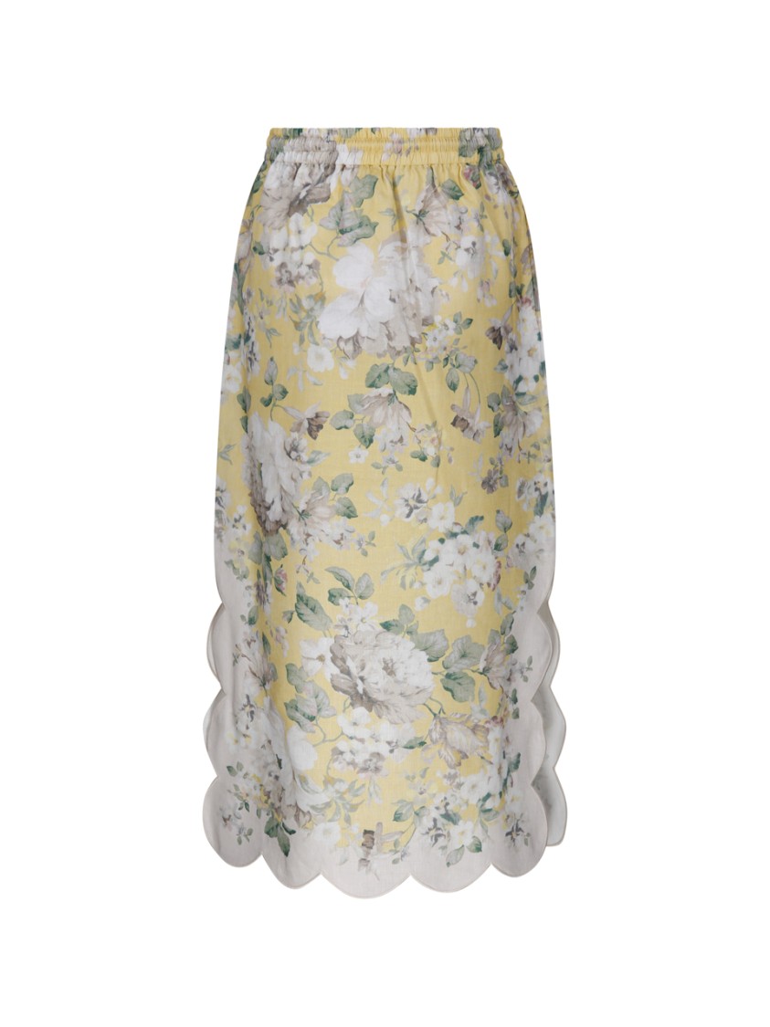 Zimmermann Acacia Scalloped Floral-print Linen Midi Skirt In Yellow