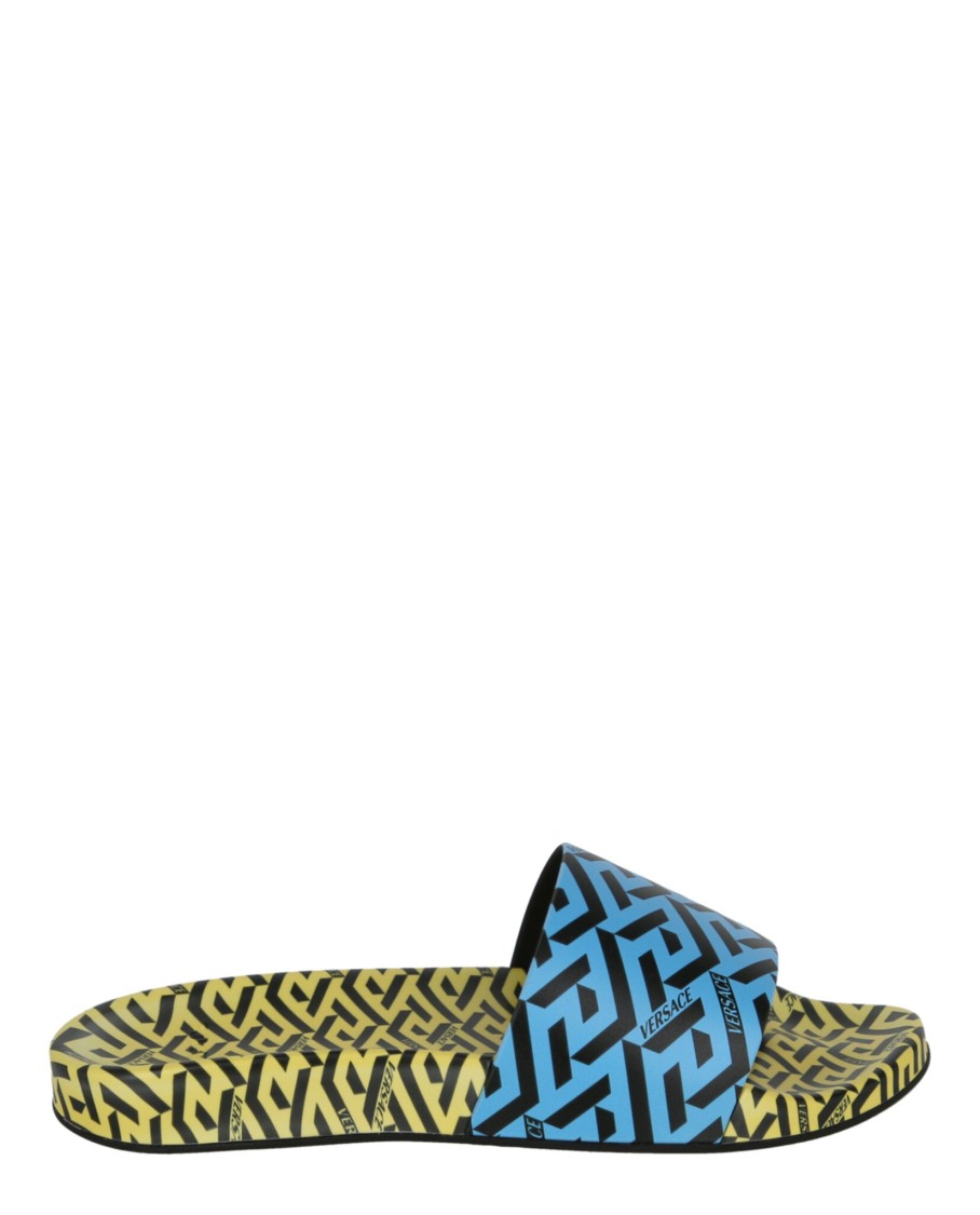 Versace Greca Print Slides In Blue