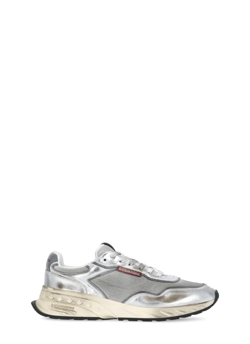 Dsquared2 Vintage-effect Silver Leather Mesh Sneakers In Grey