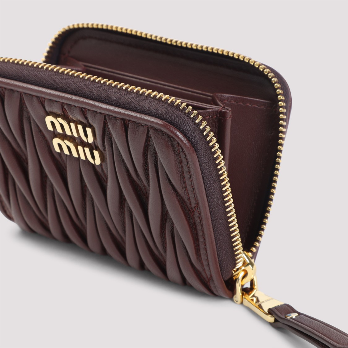 Miu Miu Quilted Burgundy Lamb Leather Wallet In Brown