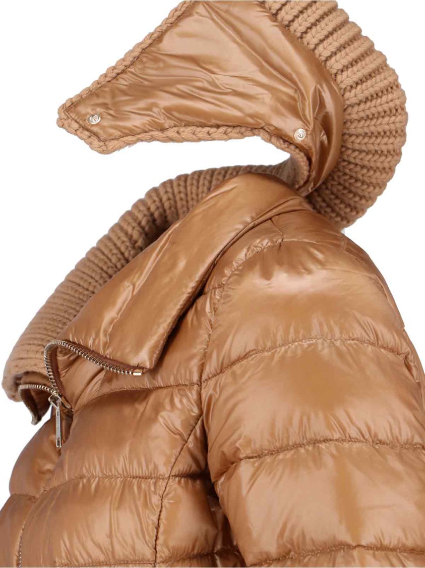 Herno Long Quilted Brown Piumino With Removable Knit Collar In Brown