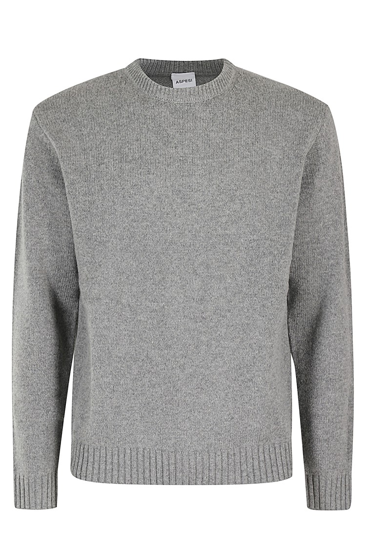 ASPESI ASPESI CLASSIC GRAY CREW NECK SWEATER WITH RIBBED TRIM
