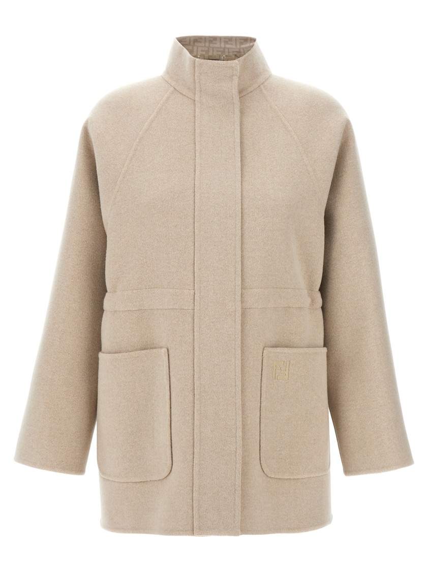Fendi Beige Wool Parka With Removable Stole And Ff Monogram In Neutral