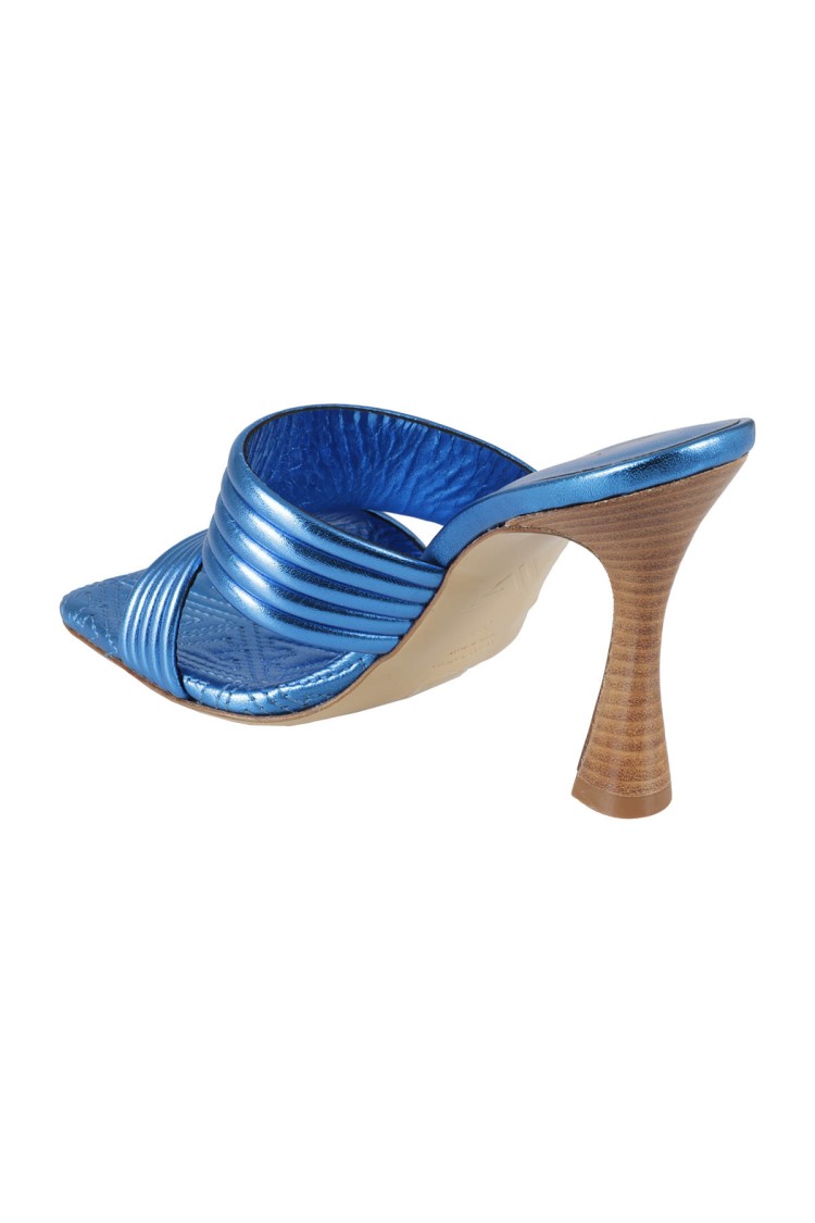 GIAMPAOLO VIOZZI GIAMPAOLO VIOZZI COBALT LAMINATED MULES WITH WOVEN STRAP 