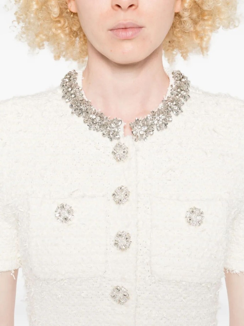 Self-portrait Mini Dress With Knit Tweed Texture And Crystal Accents In White