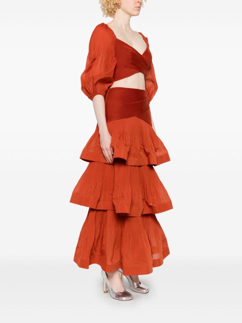 ZIMMERMANN ZIMMERMANN RUFFLED BRICK RED MAXI SKIRT WITH FLARED HEM AND DRAPED DETAIL