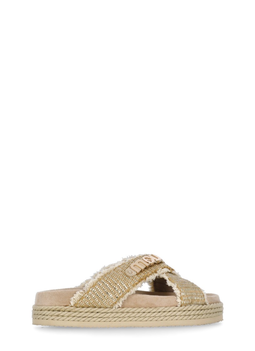 MOU MOU GOLD CRISS-CROSS RAFIA SANDALS