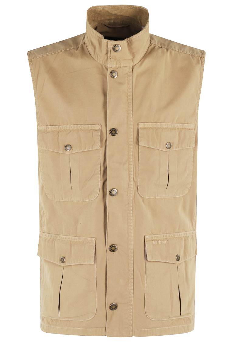 Shop Barbour Beige Cotton Canvas Gilet With High Collar In Neutrals