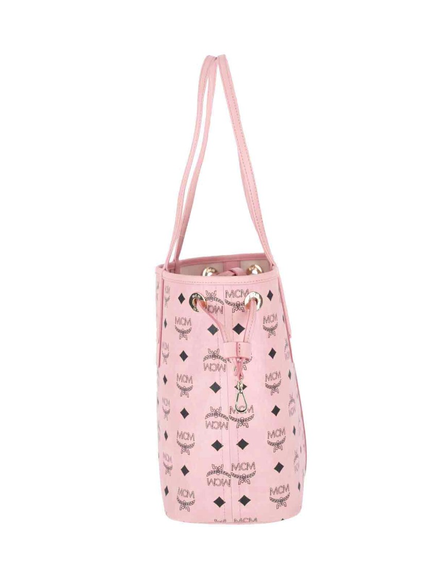 Mcm Small Pink Visetos Tote Bag With Logo Print In Pink