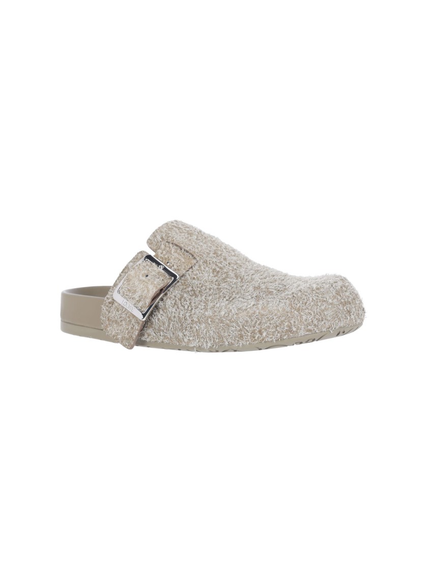 Loewe Ease Buckle Brushed Suede Mules In Green