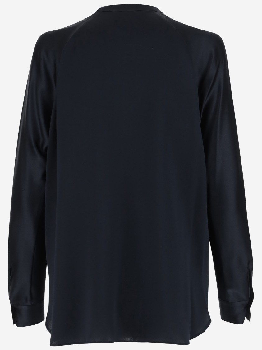 Vince Silk Satin Blouse With V-neck And Asymmetrical Hem In Blue