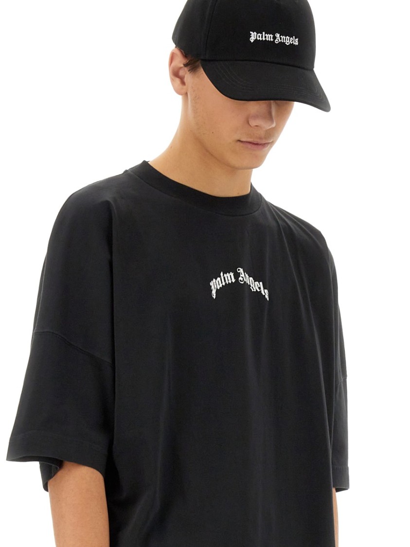 Palm Angels Black Baseball Cap With White Logo Print In Black