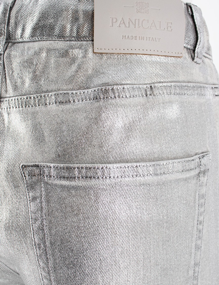 Panicale Laminated Cotton Jeans With Drawstring Waist In Silver
