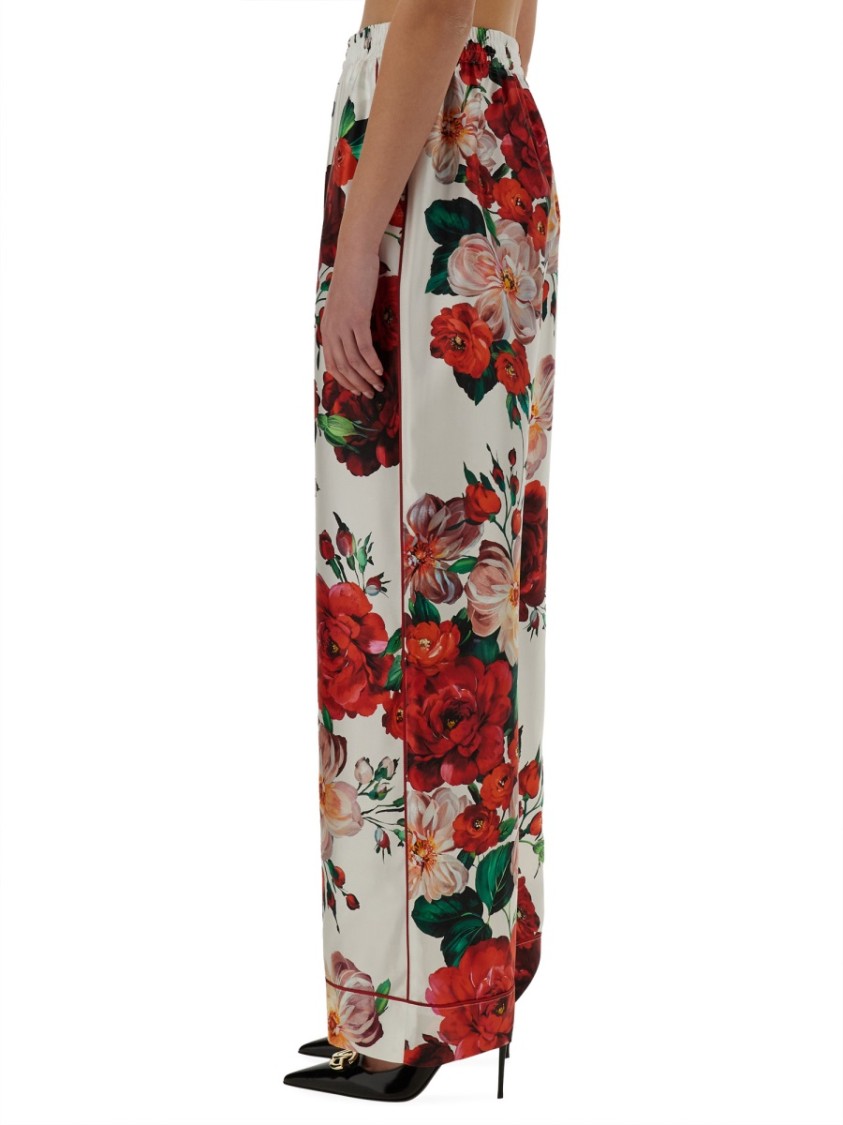 Dolce & Gabbana Satin Pajama Pants With Rose Print In Multicolor