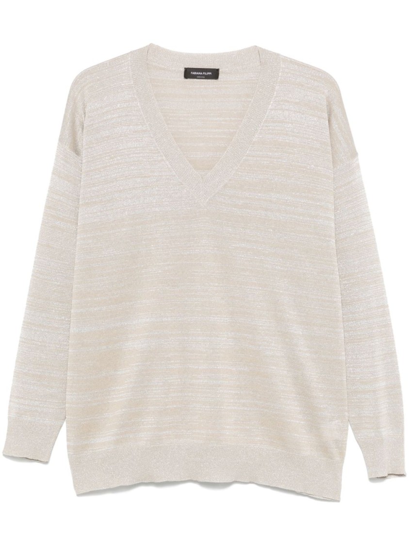 Fabiana Filippi Textured Grey Sweater With Deep V-neckline In White