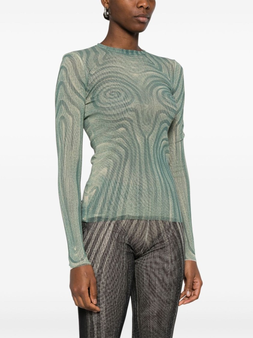 Shop Jean Paul Gaultier Green Mesh Top With Spiral Print Design