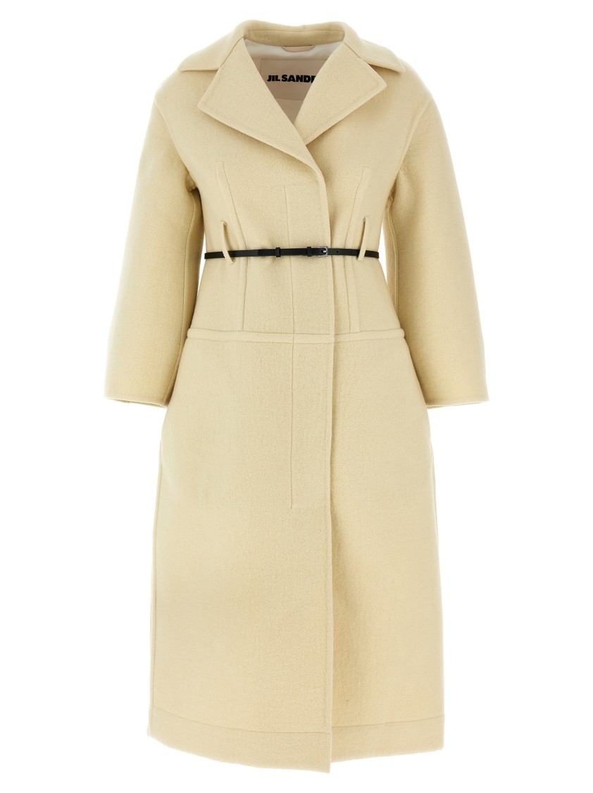 Jil Sander Tailored Coat With Belted Waist And Structured Shoulders In Neutral