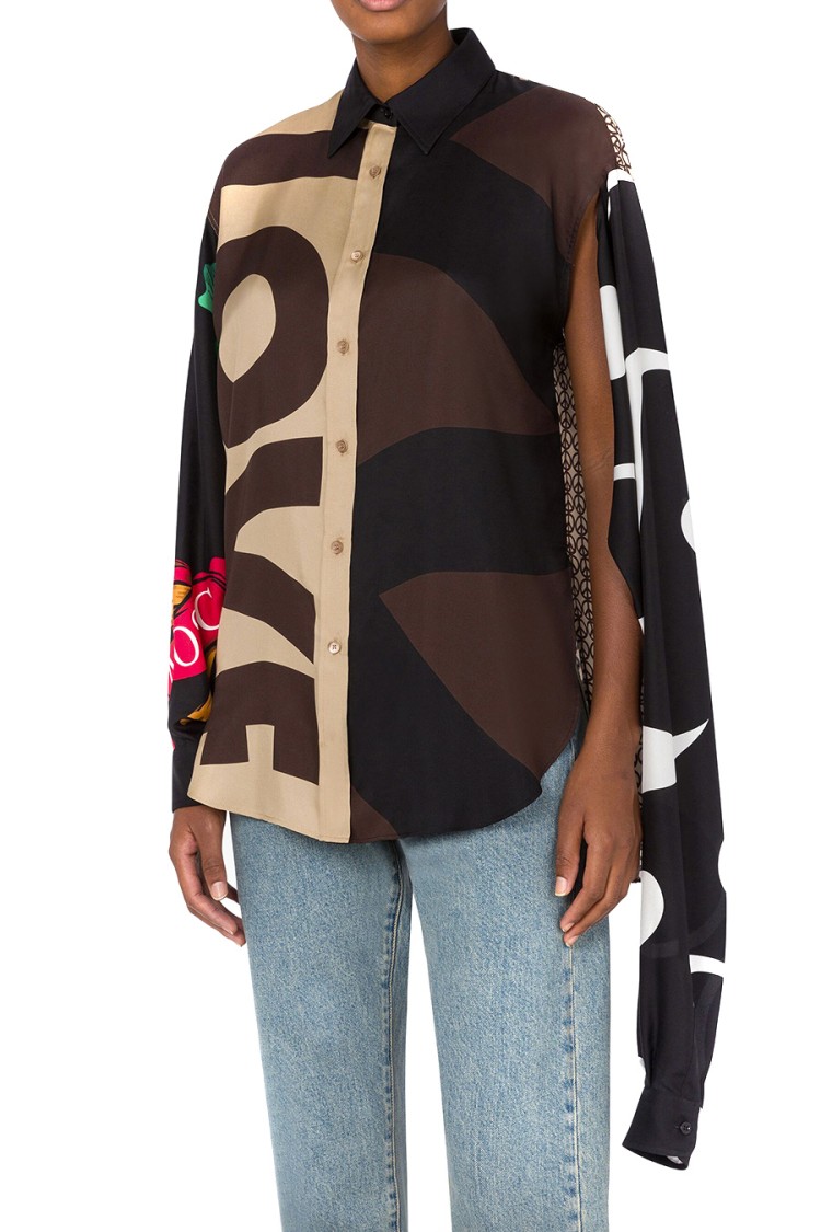 Moschino Multicolor Silk Shirt With Asymmetrical Long Sleeve In Brown