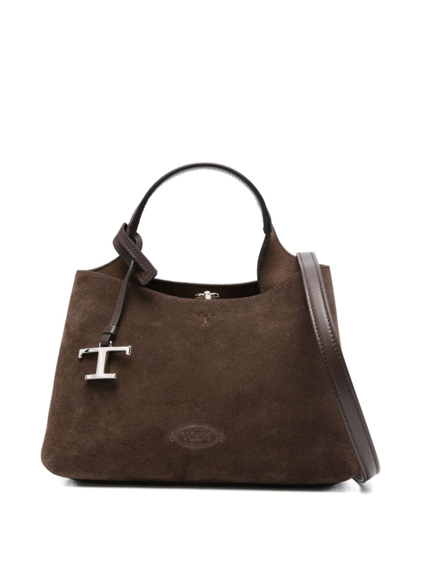 Tod's Structured Suede Handbag With Metallic Logo Charm In Brown