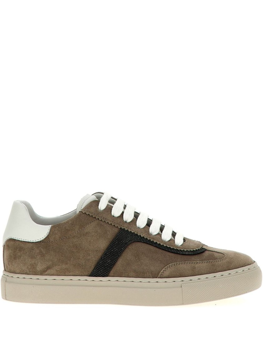 Brunello Cucinelli Round Toe White Sneakers With Monili Detail In Brown